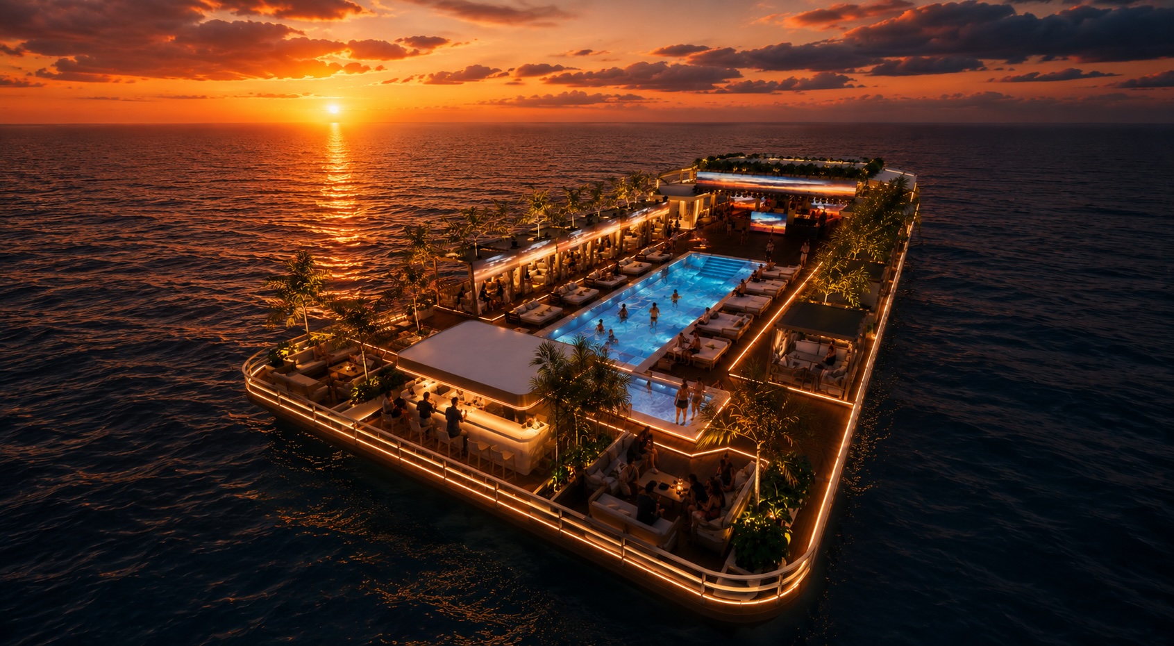 Reef Ocean Club floating beach club at golden hour